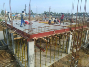 Hollow plastic formwork panels used for concrete slab construction on site